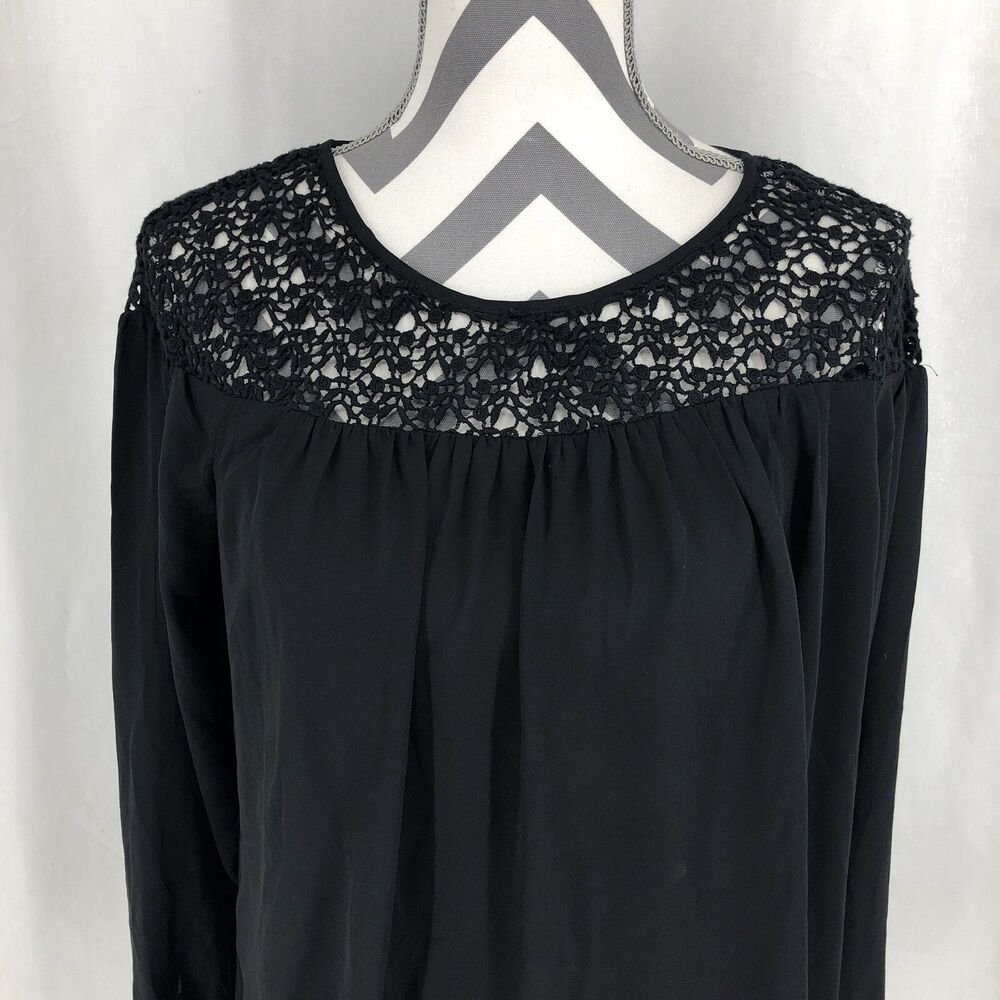 Ann Taylor LOFT Black Lace Neck Long Sleeve Keyhole Back Blouse Medium Petite